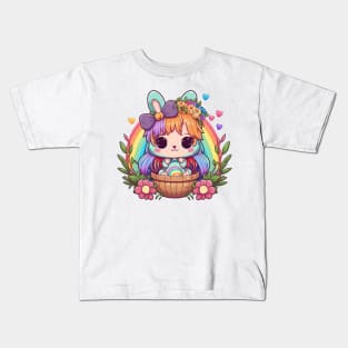 Anime Easter Bunny Girl In Basket. Spring Flowers and Easter Eggs, Rainbow Kids T-Shirt